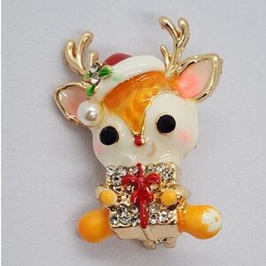 Baby Reindeer with Christmas Present Brooch Itty Bitty Size Adorable Collar Pin